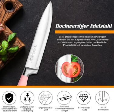 Набір кухонних ножів 9 шт. з поворотним блоком з акрилу, професійний набір кухонних ножів з нержавіючої сталі, з точилкою, подарунок для сім'ї (рожевий)