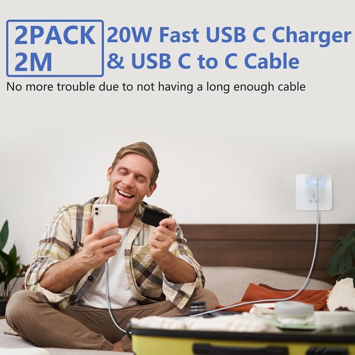 Зарядний пристрій USB-C 20W з кабелем Type-C 2м для iPhone 16/15/Pro/Air - комплект 2 шт. (Ліловий + Синій)