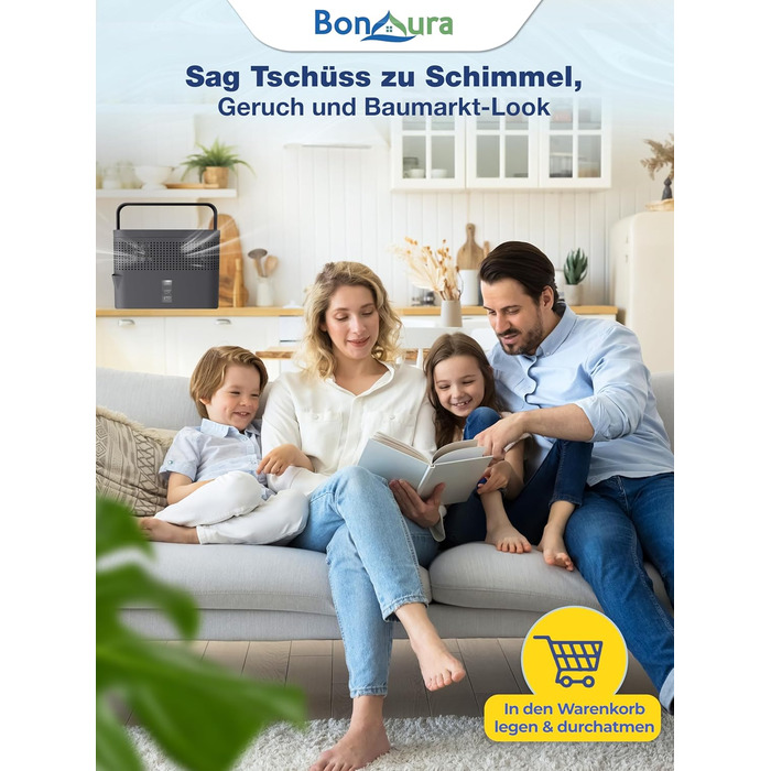 BonAura® Безструмний осушувач повітря - для підвалів, ванних кімнат та інших приміщень - 980г осушувального грануляту в комплекті - Осушувач повітря та гранулят для захисту від цвілі, Titanium Gray
