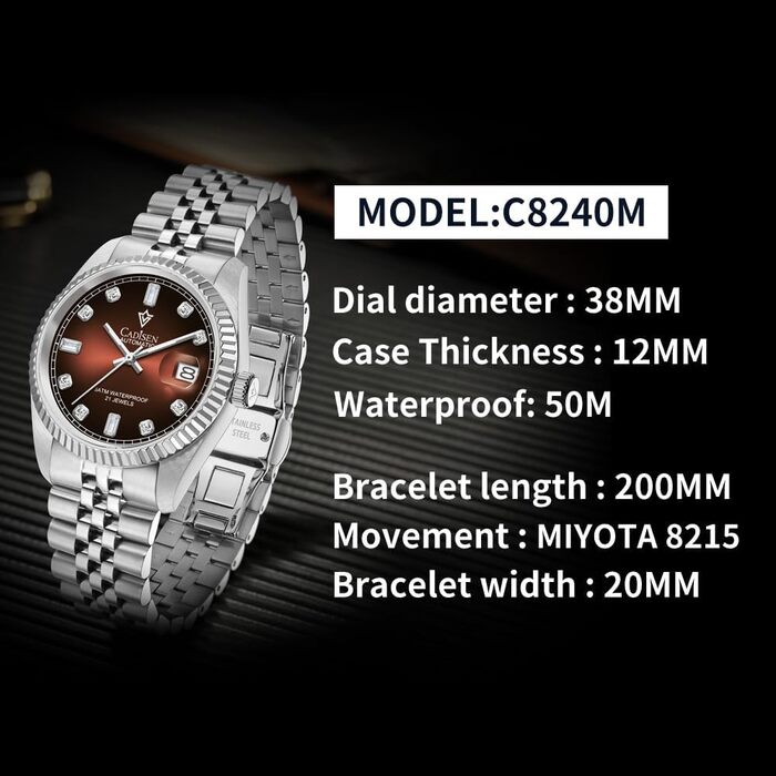 Годинник CADISEN Automatik для чоловіків: механічний годинник з сапфіровим склом та сталевим браслетом