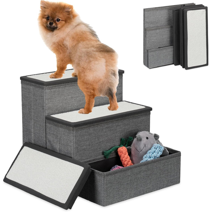 Сходинки для собак та котів Relaxdays, 3 сходинки, з місцем для зберігання, сірий/білий, 39 x 40 x 49 см