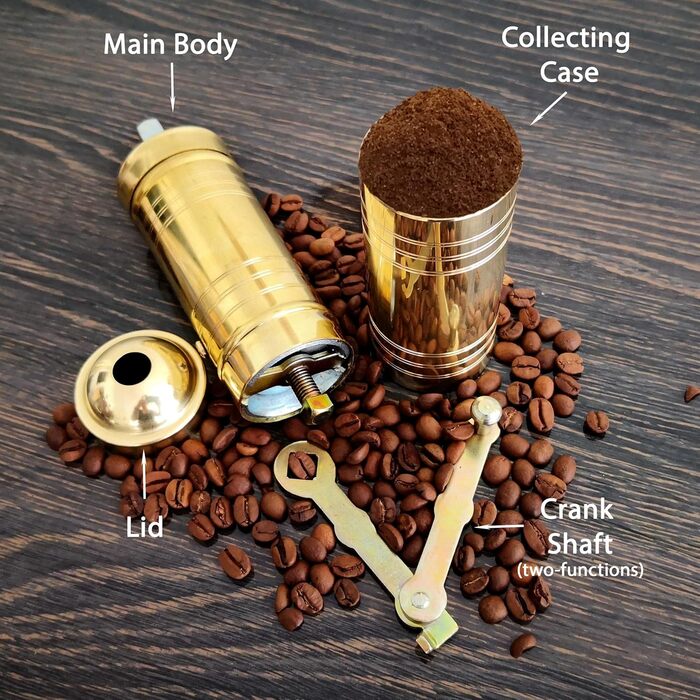Traditional Turkish manual coffee grinder, brass coffee grinder, kitchen decoration, qualification, adjustable grinding burr, manual coffee grinder with handle