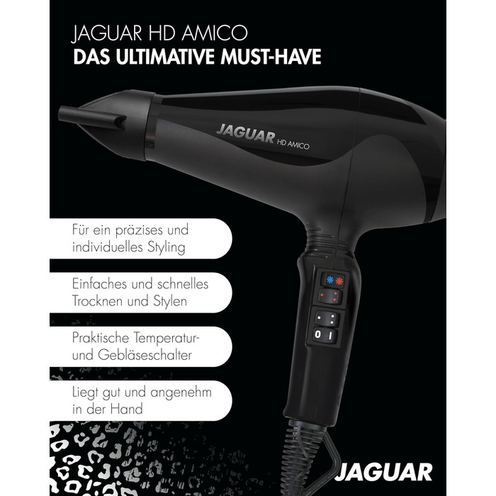 Фен JAGUAR Föhn HD AMICO: потужний професійний фен з миттєвою кнопкою охолодження та індивідуальними налаштуваннями температури та швидкості для створення унікальних зачісок