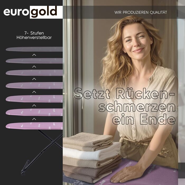 Прасувальна дошка EUROGOLD® Premium 120x42 см з турбопокриттям та полицею - стабільна, регульована по висоті, з бавовняним покриттям (рожева)