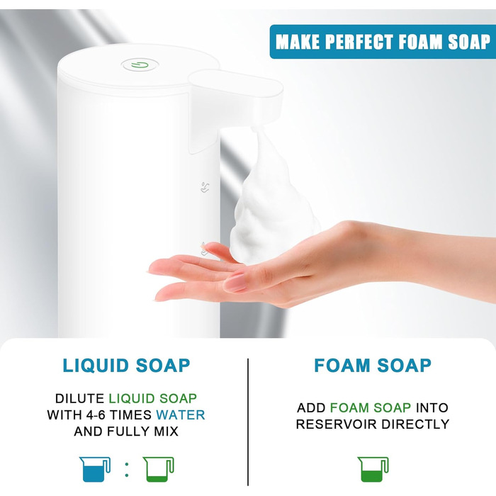 Mamiddle Automatic Soap Dispenser Stainless Steel with Sensor Infrared Foam Soap Dispenser Electric IPX5 Waterproof USB-C Charging with Infrared Motion Sensor for Kitchen & Bath (White)
