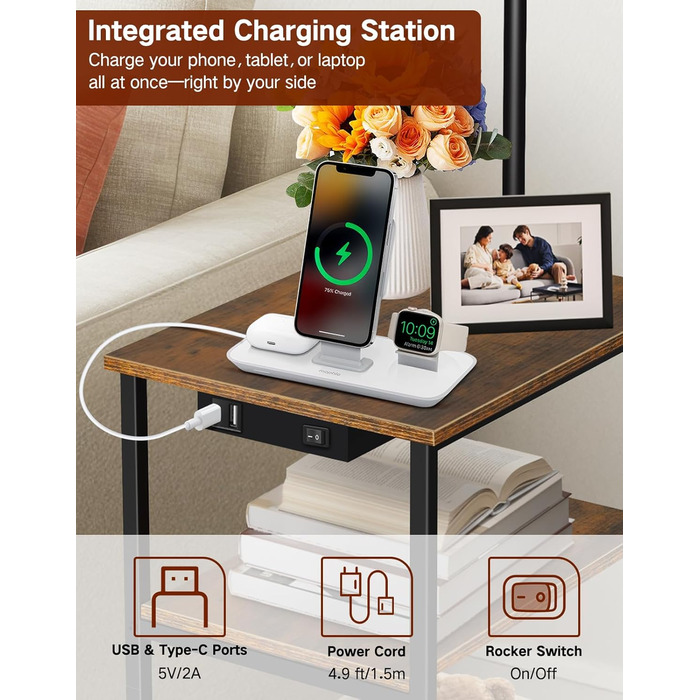 Стійка лампа для вітальні з поличкою та столом, регульована LED лампа з пультом, 3 колірні температури, приліжний столик з функцією зарядки та полицею, дерев'яний столик для спальні, офісу, коричневий в стилі рустік