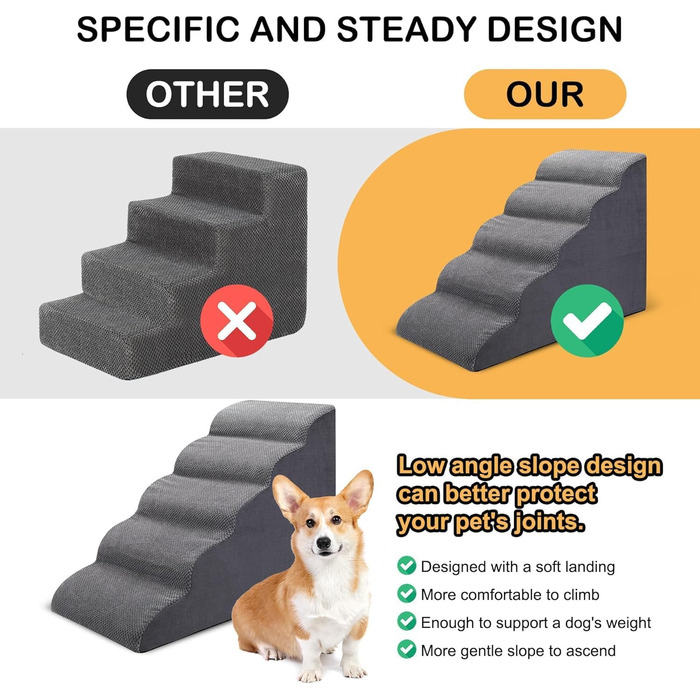 Trhillsbrad Breiter Hundetreppe 5 Stufen 62cm hoch für Kleine Hunde, Hochdichtem Schaumstoff Haustiertreppe, Waschbarem Bezug und Rutschfestem Boden