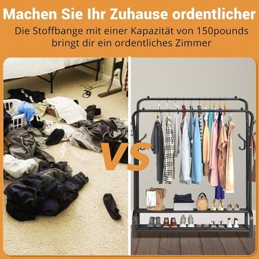 LOEFME Clothes Rack, 110 * 35 * 146cm Clothes Rack Stable Freestanding Clothes Rail, Double Rod Multifunctional Bedroom Clothes Rack, Minimalism Clothes Rod Black