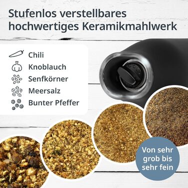 Electric Salt and Pepper Grinder Set of 2 with Tilt Sensor | Spice Grinder with Ceramic Grinder | Infinitely Adjustable | Salt, Pepper, Chili, Dried Herbs | Herb Grinder | with LED Lighting