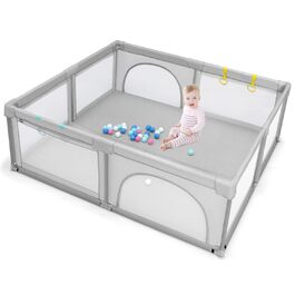 DREAMADE Playpen Baby 206 x 185CM, Folding Playard, Safety Gate with Breathable Mesh & 50 Balls, Child Safety Barrier with 2 Doors (Gray, without mattress) Gray without mattress