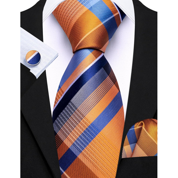 Набір краваток Barry.Wang для чоловіків з візерунком пає, тканина - шовк, з чохлом, краваткові затискачі, формальний стиль (оранжево-смугастий)