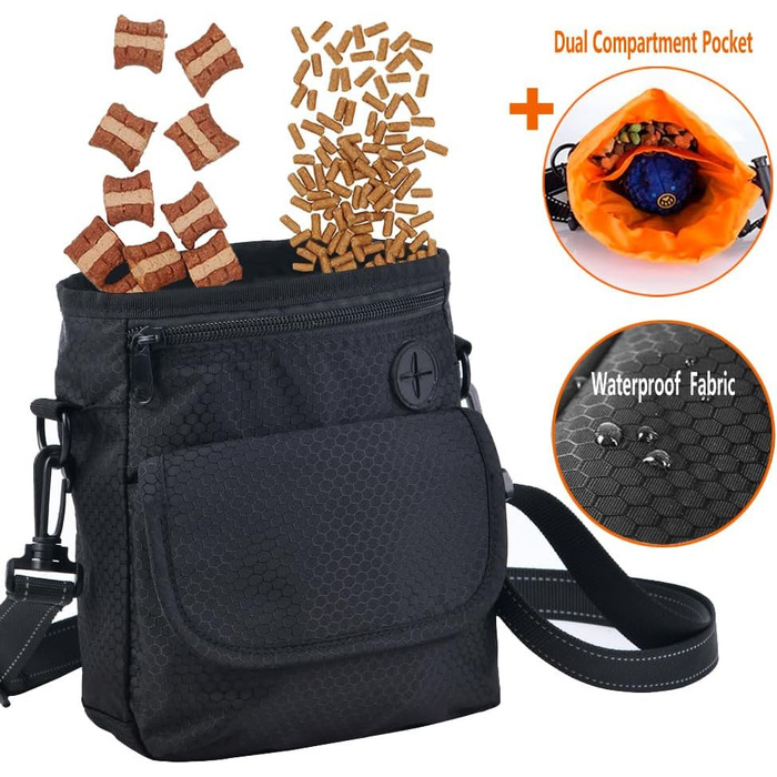 Водонепроникна сумка для ласощів для собак Hanwell з інтегрованим дозатором пакетів для екскрементів, сумка для дресирування собак на стегні та на плечі, чорна