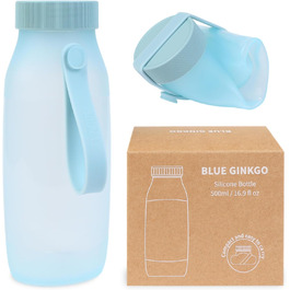 BLUE GINKGO Collapsible Water Bottles [2-Pack] – Lightweight, foldable silicone bottles for travel, hiking, and camping (500ml, Made in Korea, Beige) (492 ml, Blue)