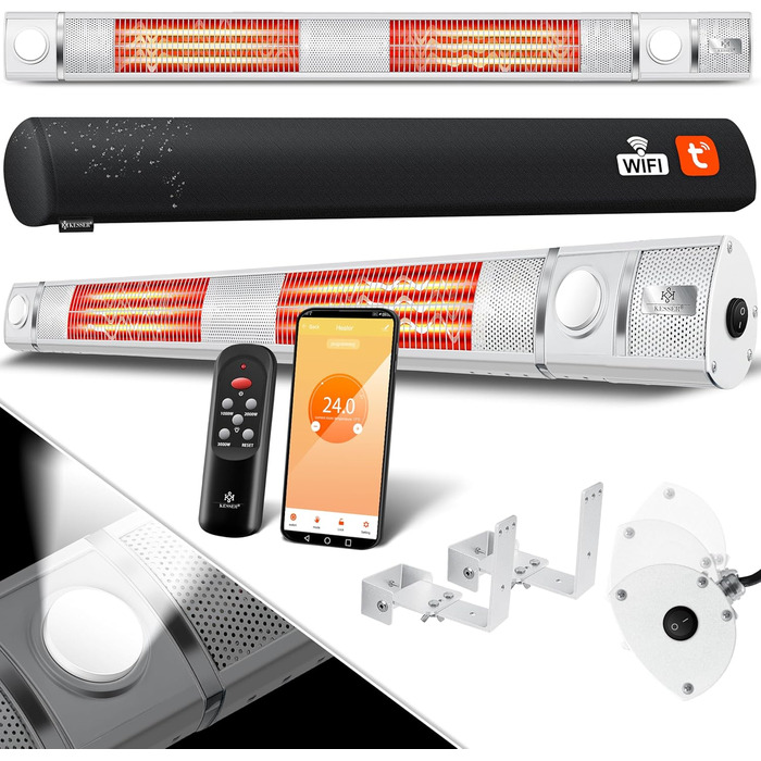 Інфрачервовий обігрівач KESSER® 3000W з LED-підсвічуванням, WiFi та пультом дистанційного керування. Підходить для тераси, кафе, бару. Обігрівач на стіну, кварцовий, з захисним чохлом.