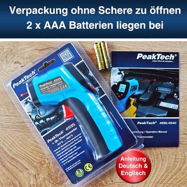Інфрачервоний термометр PeakTech P 4940 – вимірювання від -50°C до 600°C з лазером, функція Auto-Hold, інструкція та батарейки в комплекті