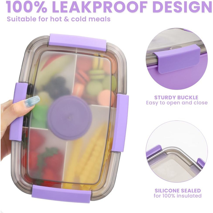 Ланчбокс Bugucat 2000 мл, непромокаючий, з відділеннями, для дітей та дорослих, салатовий контейнер, з виделкою, для школи, пікніка, чорний (2000 мл - фіолетовий)