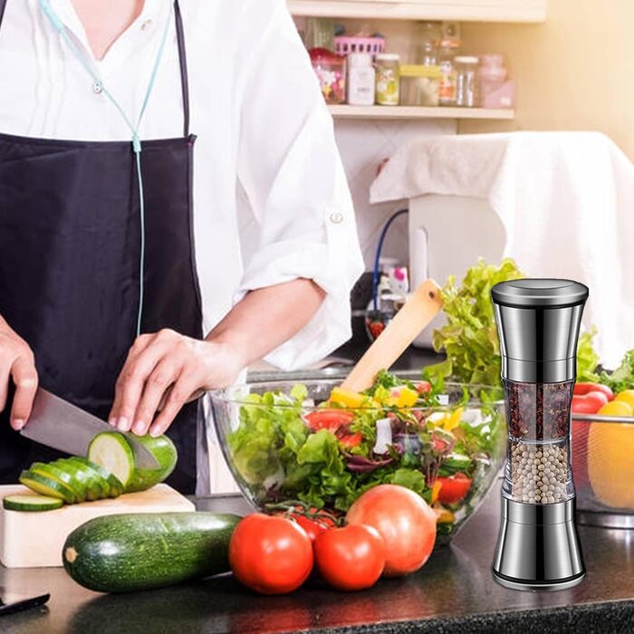 Мельниця для солі та перцю 2-в-1, ручна з регулюванням, з керамічним жорном, нержавіюча сталь
