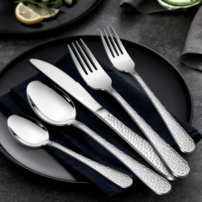 Набір столових приборів HaWare, 60 предметів, нержавіюча сталь, на 12 осіб (ніж, виделка, ложка). Сучасний дизайн з молотковою ручкою для дому, вечірки, ресторану, готелю. Відшліфовано до блиску, придатний для миття в посудомийній машині. Включає набір з 