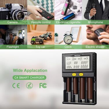 Зарядний пристрій для акумуляторів AUKSKY з LCD-дисплеєм (8 слотів) - універсальна зарядка для NI-MH, NI-Cd, AA, AAA, 14500, 18350, 21700, 26650, Li-Ion, LiFePO4, RCR123A (1.5A, 4 порти)