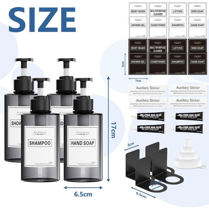 Набір дозатора мила для стін 4er, 300 мл, сірий. Дозатор мила без свердління, набір з 12 етикеток для душу/кухні/ванної кімнати