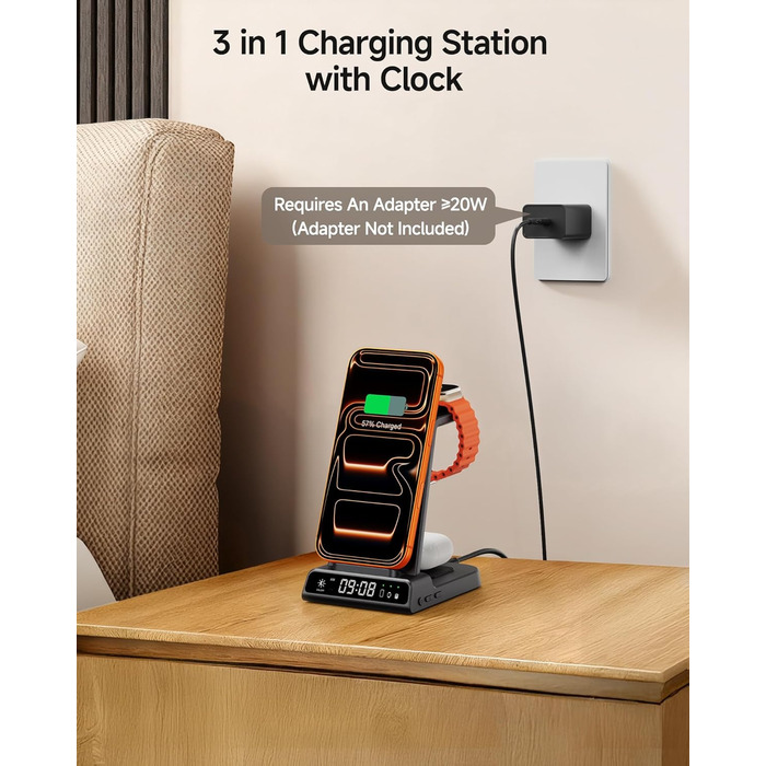 Бездротова зарядна станція 3-в-1 для Apple iPhone 16/15/14/13/12 Pro/Plus, Apple Watch Ultra 2/9/8/7/6/5, AirPods Pro/4/3/2 Tech-Grau