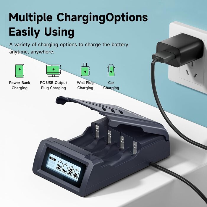 Зарядний пристрій AAA/AA акумуляторів: Li-Ion 1.5V, NI-MH 1.2V, USB-C, швидка зарядка