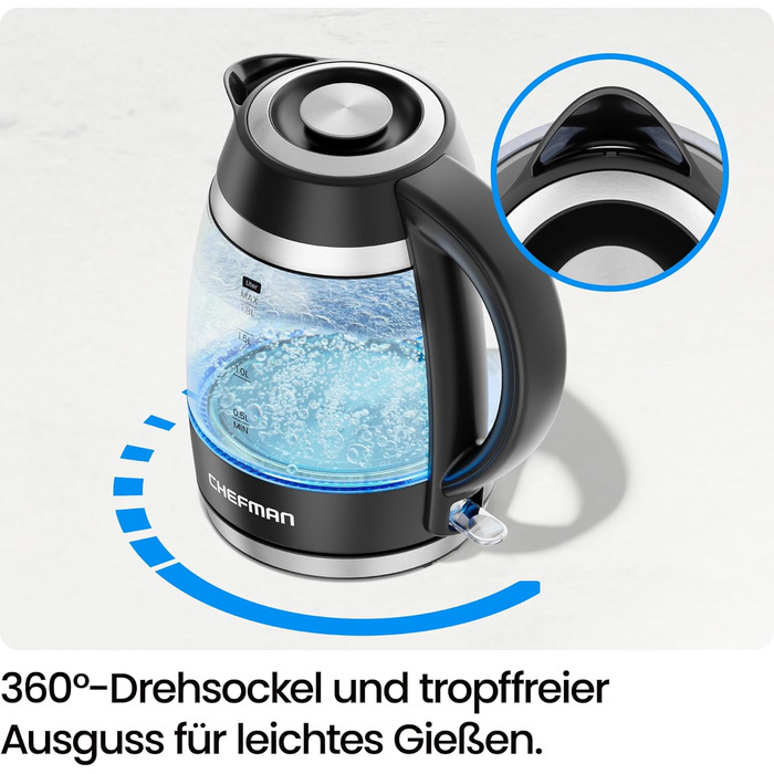 Електричний чайник Chefman 1.8L з нержавіючої сталі, 3000W, знімний кришка, автоматичне відключення, захист від сухого кипіння, фільтр з нержавіючої сталі, BPA Free, чайник з боросилікатного скла