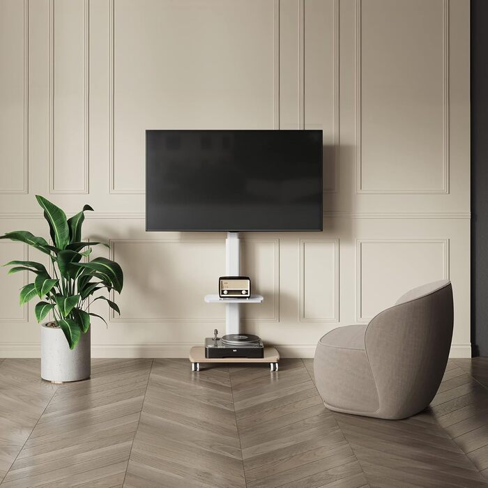 FITUEYES Rolling TV Stand with Wood Shelf - Adjustable Height & Swivel - Fits 32-70 inch TVs up to 40kg, VESA 400x600 - White