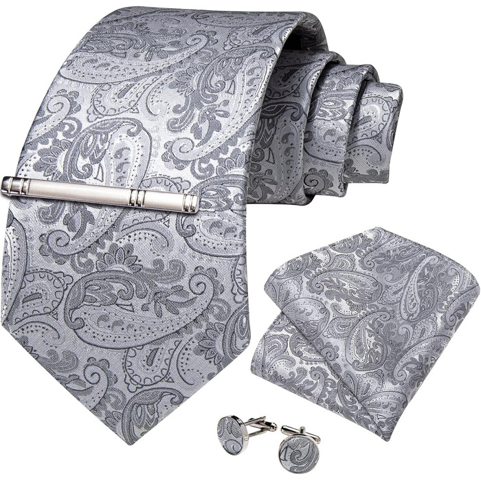 Набір краваток DiBanGu чоловічий: шовковий, з Paisley візерунком, краватка-метелик, затискач для краватки, запонки, для весілля та бізнесу, сірий
