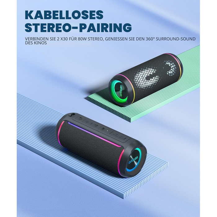 Ortizan Bluetooth колонка з LED підсвіткою, 40 Вт, IPX7 водонепроникна, 30 год роботи, чорна