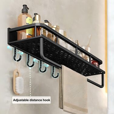 Поличка для душу Devesanter без свердління, 2 шт., 60 см, органайзер для шампуню та мила з тримачем для рушників та 6 гачками, для ванної кімнати, спальні, кухні, чорний