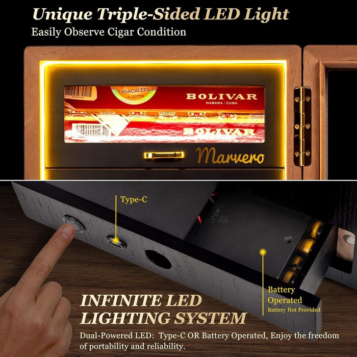 Гумодор для сигар, настільний з цифровим гігрометром, зволожувачем та пакетами для вологи. 4 висувні ящики з кедрової деревини, вміщує до 200 сигар (чорний)