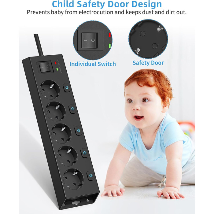 Мережевий фільтр Steckdoseleiste 5-fach з вимикачами, захистом від перенапруги 1050J, для дому та офісу, 2м кабель (чорний)