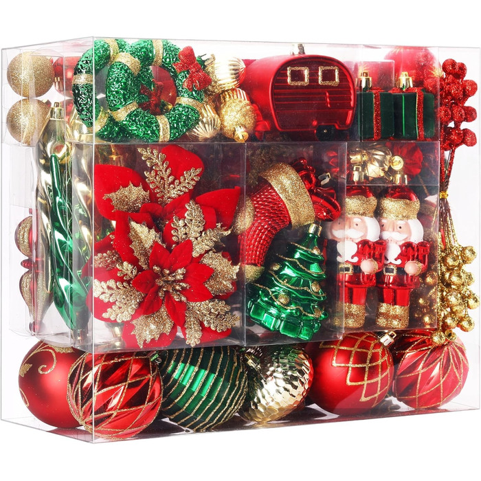 Набір прикрас на ялинку Shareconn 135 шт. - міцні ялинкові кулі з мотузкою, різні розміри та кольори (червоний, зелений, золотий) для декору ялинки в приміщенні та на вулиці