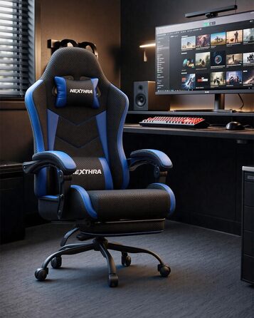 Геймерське крісло Nexthra Ergonomisch з підставкою для ніг, до 180 кг, блакитне. Регульована спинка 150°, для геймінгу та офісу