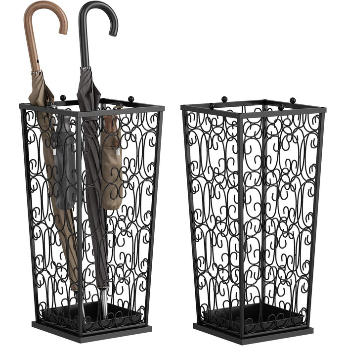 AcornFort Large Black Metal Umbrella Stand with 4 Hooks - Entryway, Office, Hallway Storage - Water Resistant Base (56x25x25cm)