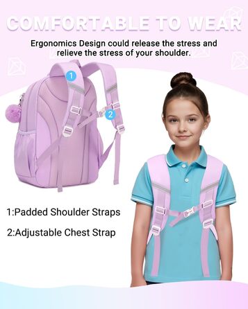 Дитячий рюкзак для школи DivingBirds для дівчаток 2-7 клас, 22L | Легкий, з дихаючим вкладишем спинки та м'якими лямками | Рюкзак для підлітка 7-10 років (фіолетовий)