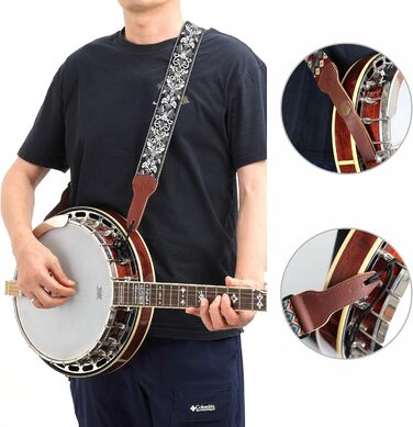 Гітарний ремінь Nefelibata Banjo-Gurt, 5,1 см, повна шкіра телятини, біла вишивка квітів