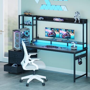 Ігровий стіл Coleshome з полицею та ящиками, 137×48 см. Стіл для геймінгу з LED-підсвіткою та розеткою, комп'ютерний стіл з місцями для зберігання та підставкою для монітора (Carbon Fiber Black, 161×48 см)