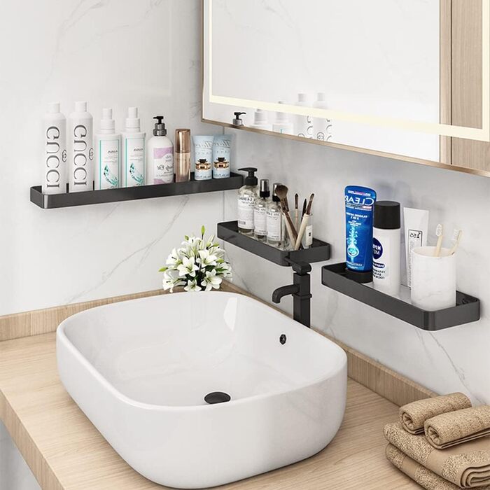 Biutimarden Shower Shelf No Drilling, Bathroom Shelf, Glass Shelf, Wall Mounting, Bathroom Shelf, Rectangular 8MM Tempered Glass, Self-Adhesive, Space Aluminum for Bathroom, Kitchen, Bathroom Accessories, 40CM Black