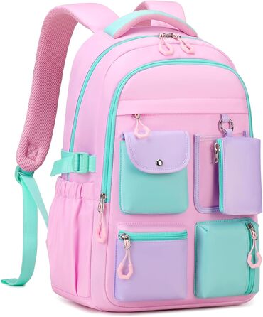 Рюкзак для дівчинки Tanou, великий шкільний рюкзак для підлітків, з тканини Оксфорд, з кількома відділеннями (рожево-зелений)