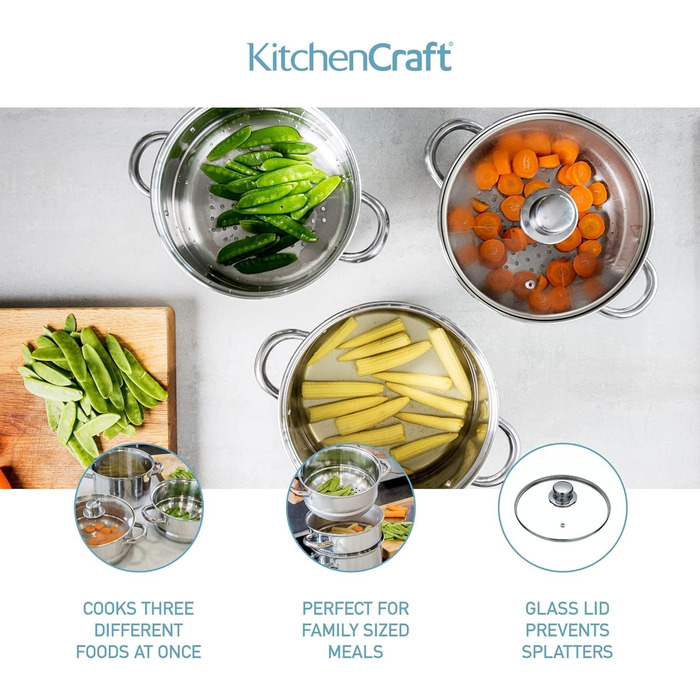 Набір з 3 каструль KitchenCraft з пароваркою, 3-рівневий, з нержавіючої сталі, для індукції, 22 см, сріблястий, у подарунковій коробці