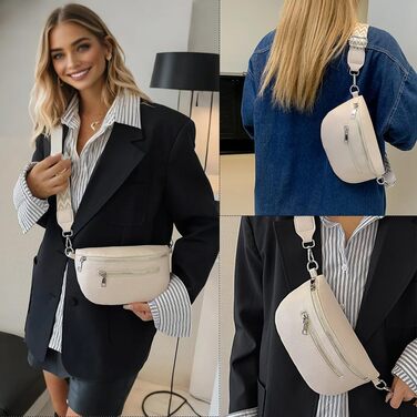 Жіноча сумка через плече з відділенням для дрібних грошей, шкіряна бананка, середнього розміру, з широким регульованим ремінцем. Ідеальна для фестивалів, подорожей та повсякденного використання. Білий колір.