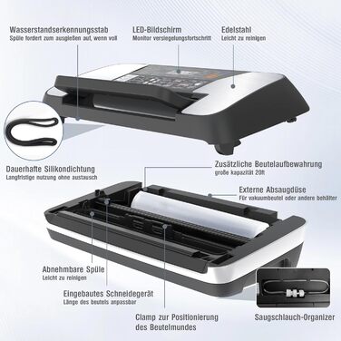 Вакуумний пакувальник OidoZac 85kPa, 12-в-1, з подвійною зварювальною лінією, вбудованим різаком та контейнером для пакетів, срібно-чорний