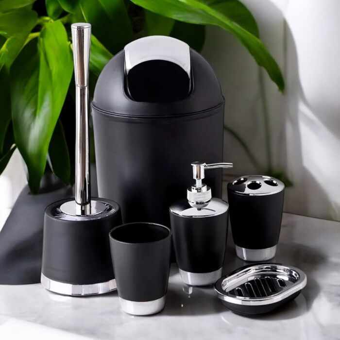 Набір аксесуарів для ванної кімнати 6tlg Badset: мильниця, стакан для зубних щіток, контейнер для косметики, щітка для унітазу з тримачем, мильниця, відро для сміття, тримач для зубних щіток, комплект для ванної кімнати (чорний дизайн 1)