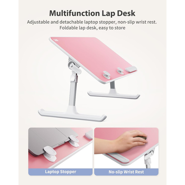 SAIJI Підставка для ноутбука на ліжко - регульована висота, складний столик для дивану/підлоги, для роботи/навчання/читання/їжі, підходить для ноутбуків до 17 дюймів (52*30 см), Рожевий