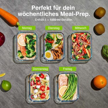 Набір контейнерів VonShef для зберігання їжі (10 шт.) – Mealprep, 1050/370 мл, для духовки/мікрохвильовки, миття в посудомийній машині, герметичні, не протікають