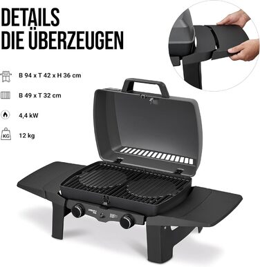Газовий гриль Enders Urban II Pro для столу, 2 пальники нерж. сталь, з термометром, для балкону та кемпінгу, алюмінієвий корпус, чавунна решітка
