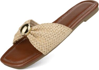 Босоніжки жіночі плетені Raffia з вузлом, сланці з квадратним носком, літні сандалі для повсякденного носіння, відпочинку, пляжу, коричневі, 39 EU
