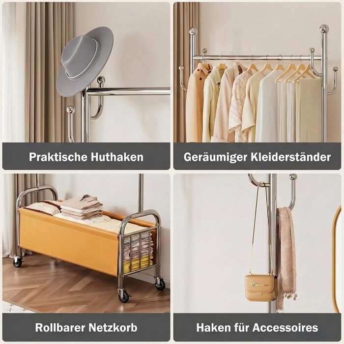 Вішалка для одягу сталева з кошиком для зберігання, навантаження до 115 кг, 3-в-1, для спальні та передпокою UP-R02
